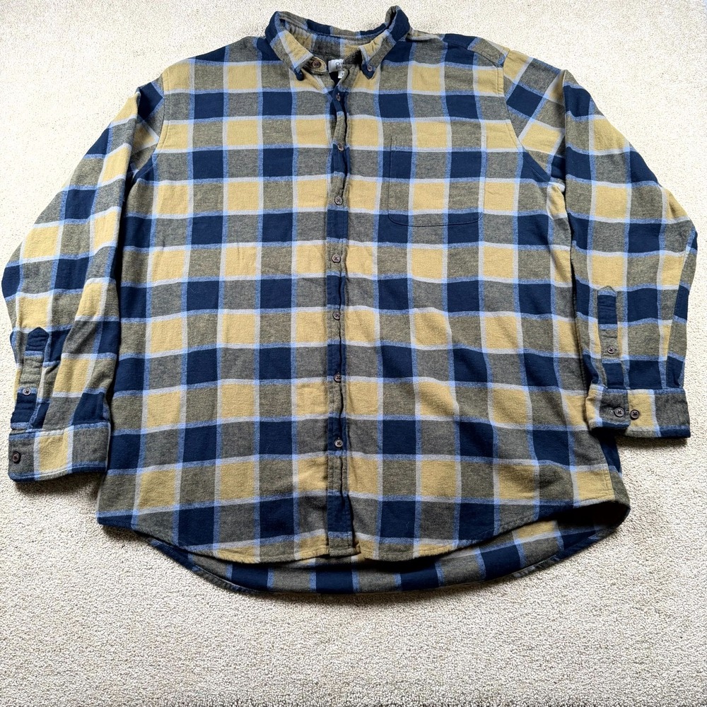 Croft & Barrow Flannel Shirt Mens 2XL Beige Blue Plaid Long Sleeve Button Down